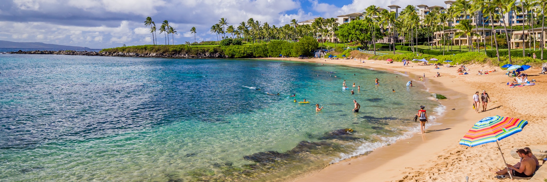 Kapalua beach bay, Maui, Hawaiian Islands - Aug 2019: Quiet, elegant, picturesque, Kapalua boasts beautiful seabed and ideal atmosphere for family vacation