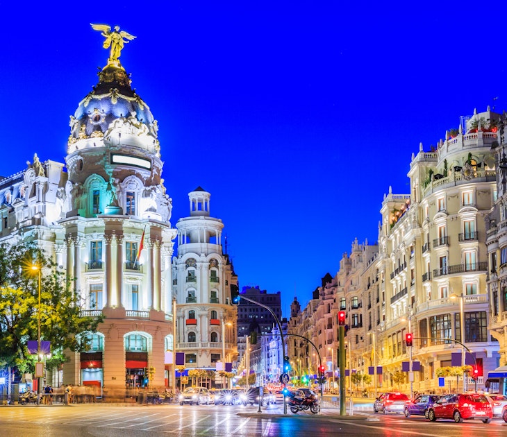 Madrid, Spain. Gran Via, main shopping street at twilight.