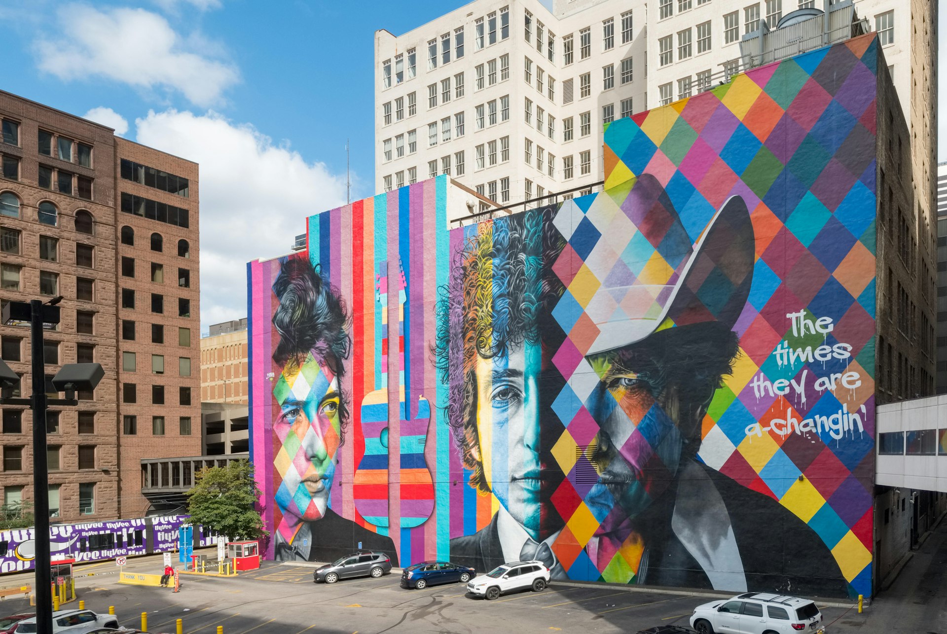 Bob Dylan Mural in downtown Minneapolis by street artist Eduardo Kobra