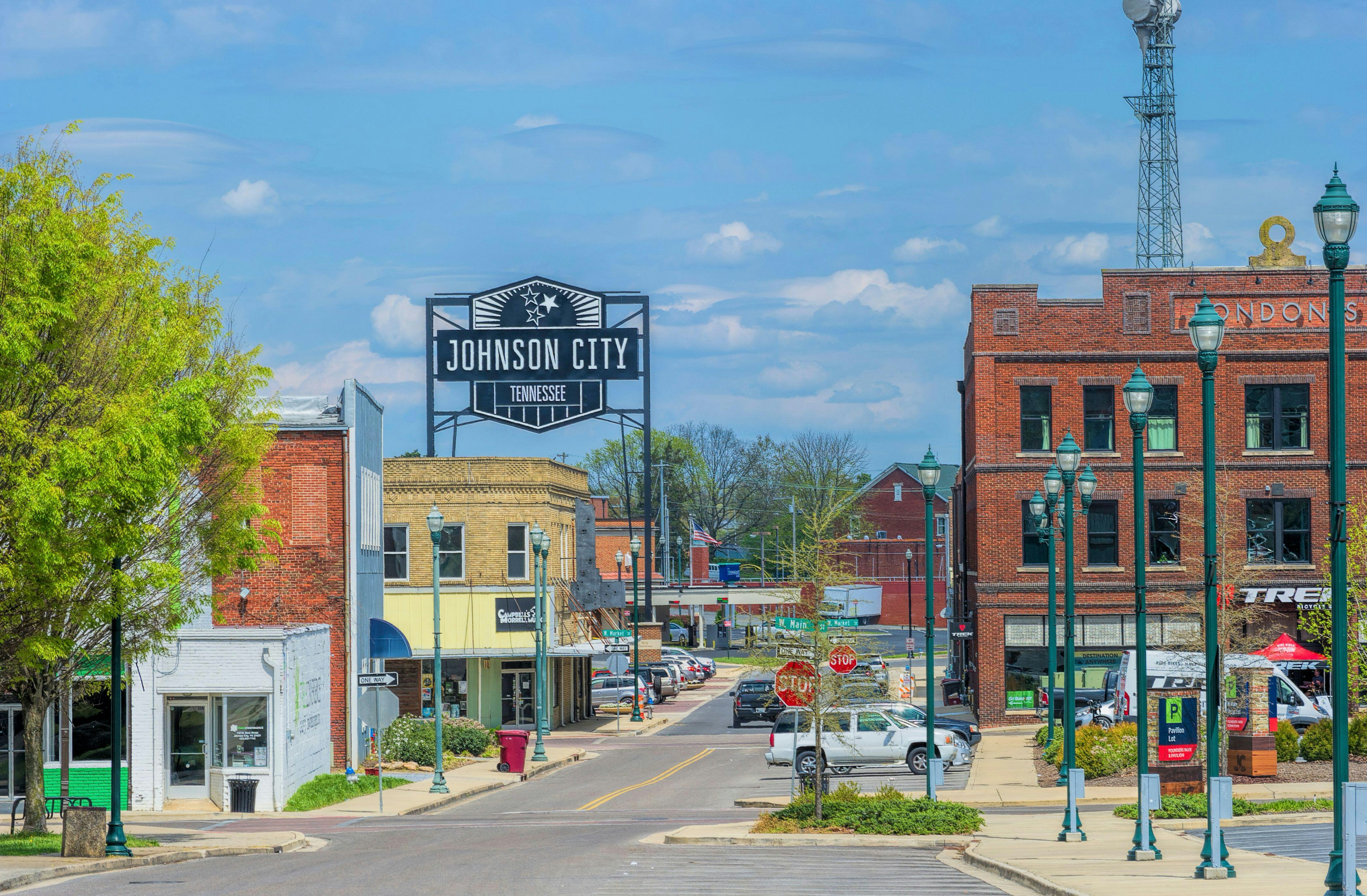 Quiet small-town streets with a sign reading