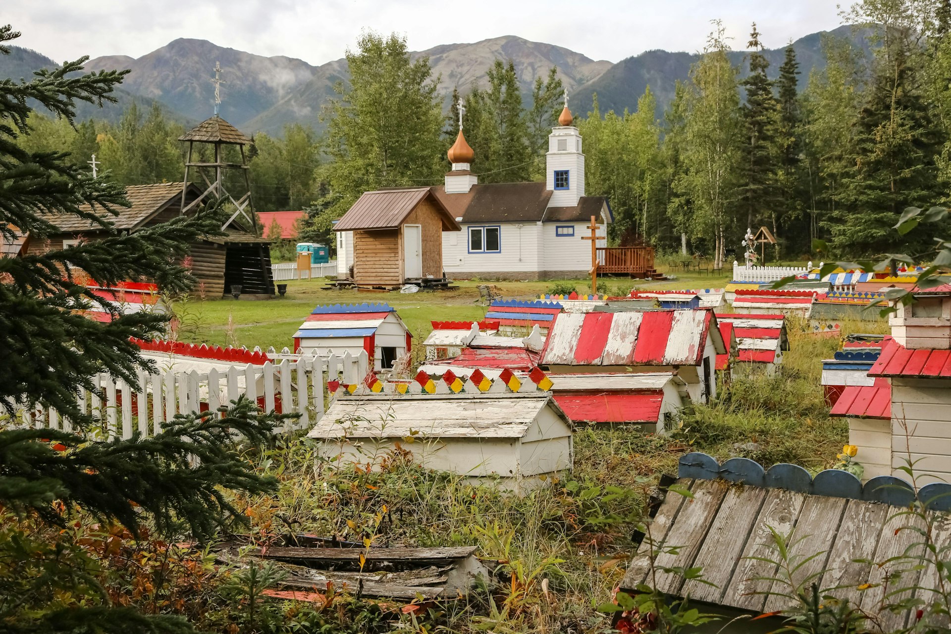 Russian-orthodox Eklutna Cemetery with its colorful graves and spirit houses, Alaska. Image shot 07/2017. Exact date unknown.