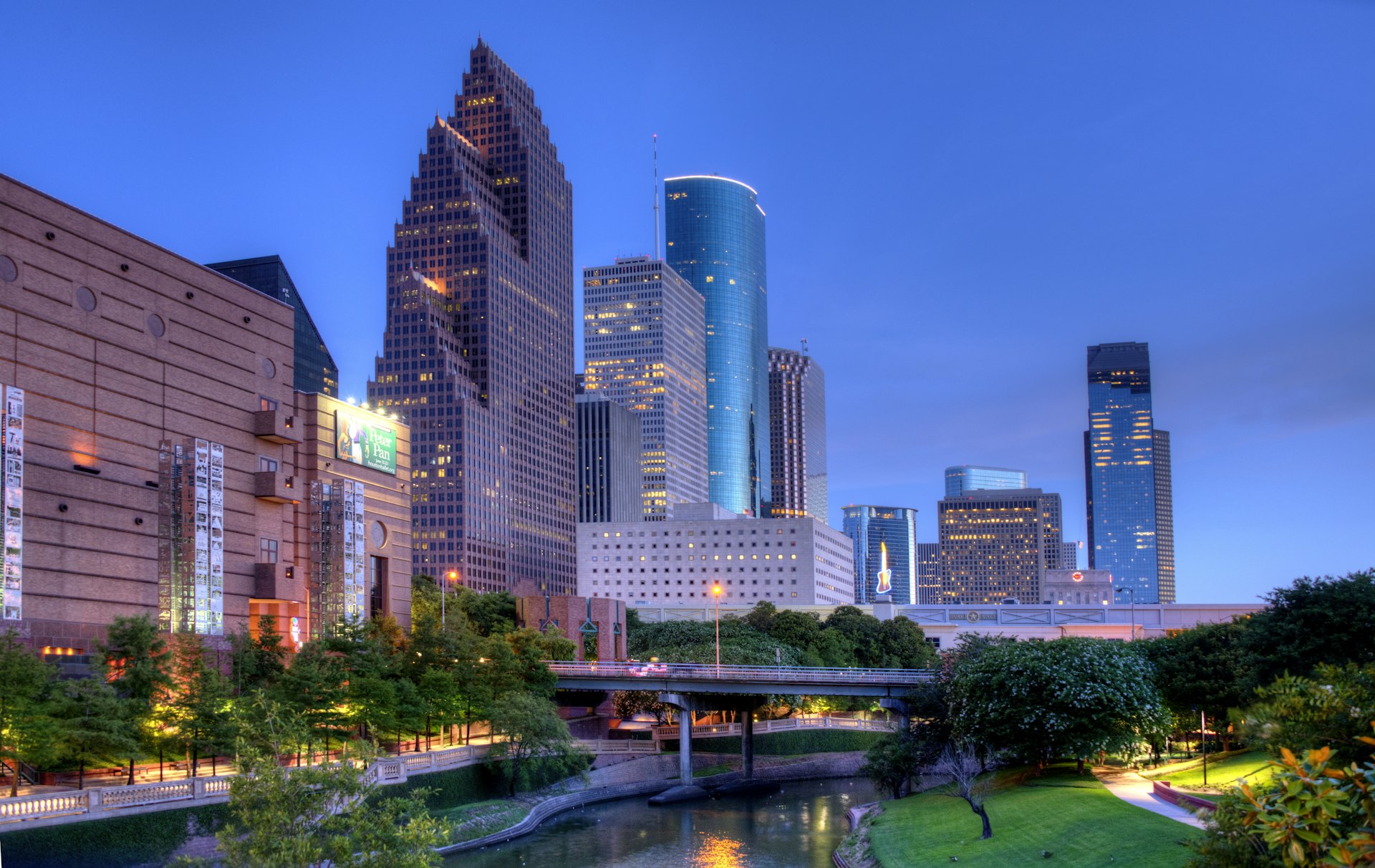 The gleaming skyline of downtown Houston at sunset