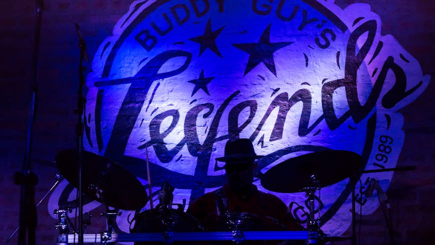 A drummer on stage at Buddy Guy's Legends jazz club in Chicago, Illinois