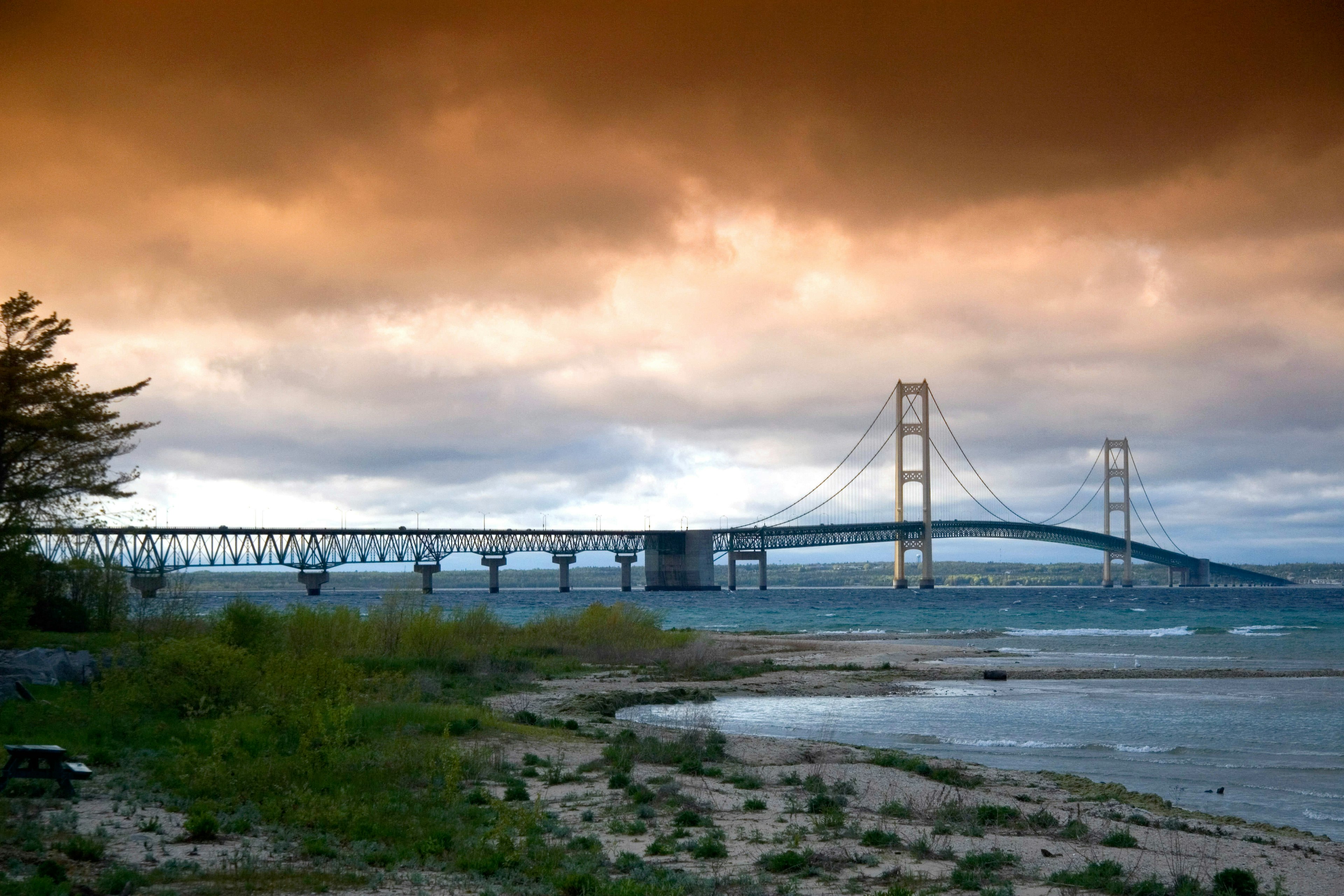 The Mackinac Bridge spanning the Straits of Mackinac at Mackinaw City Michigan. Image shot 05/2008. Exact date unknown.