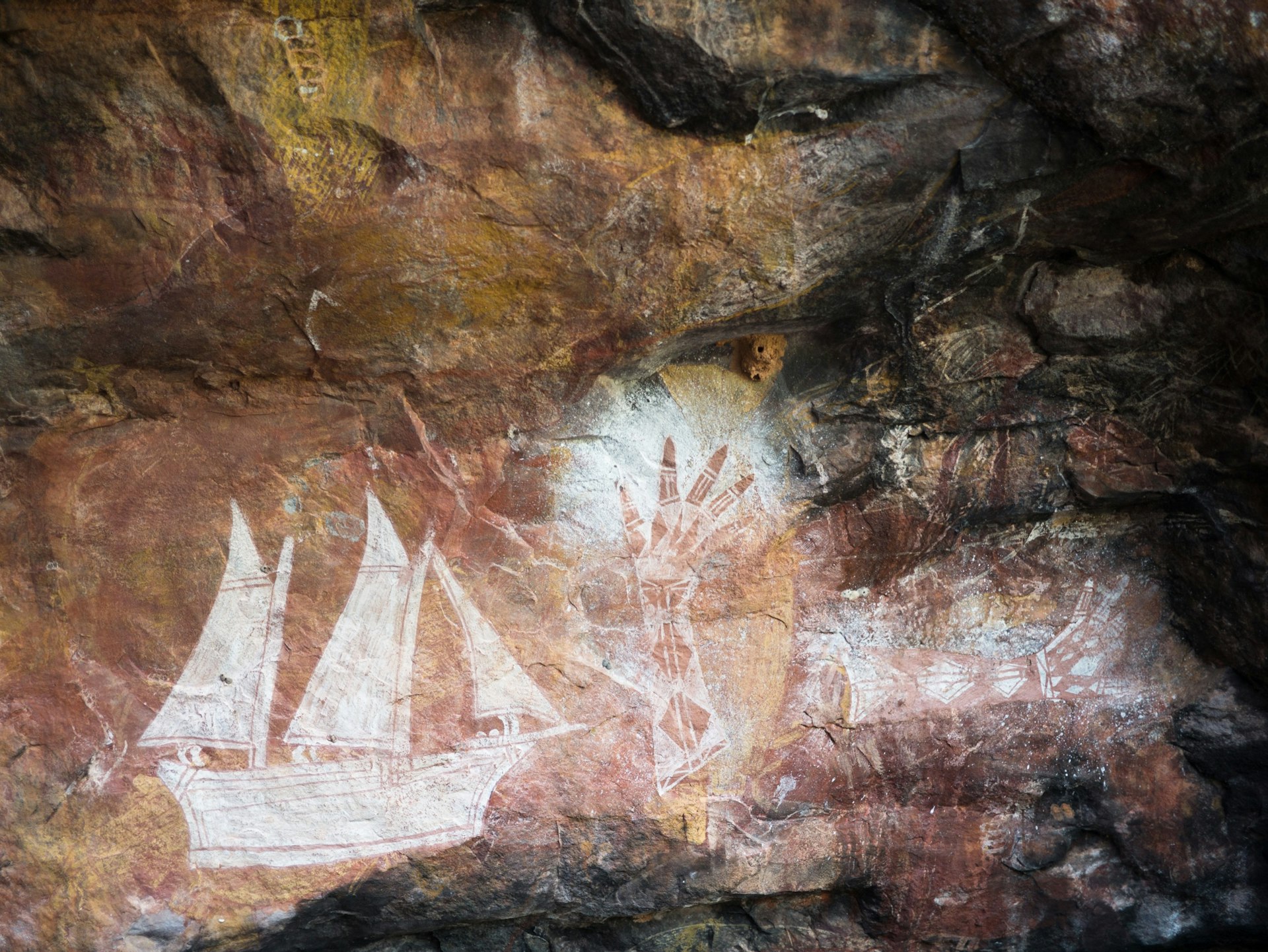 A Macanese sailing ship features in the Aboriginal rock art in Arnhem Land Art, Australia