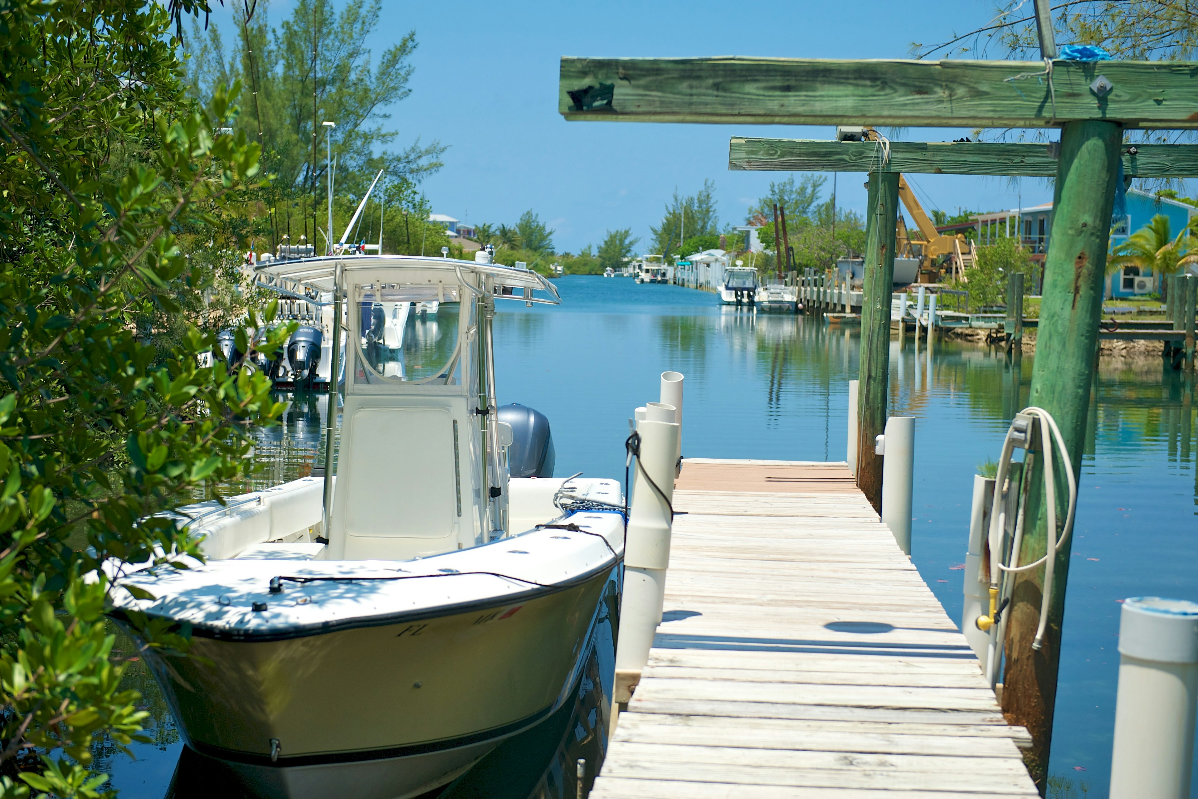 Marina dock with boat on Bimini Island