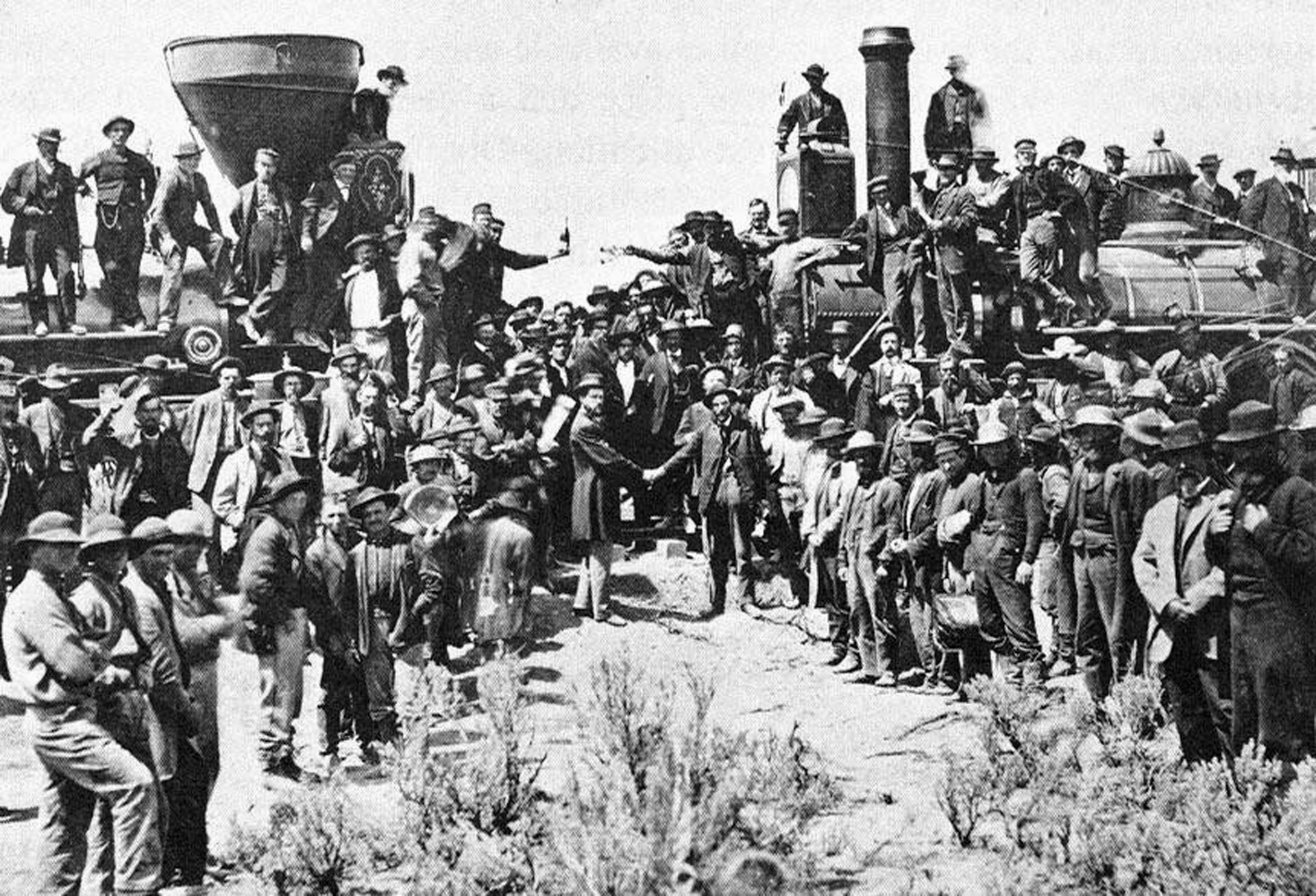 GOLDEN SPIKE  Joining the Central Pacific and Union Pacific railroad lines at Promontory Summit, Utah, 10 May 1869