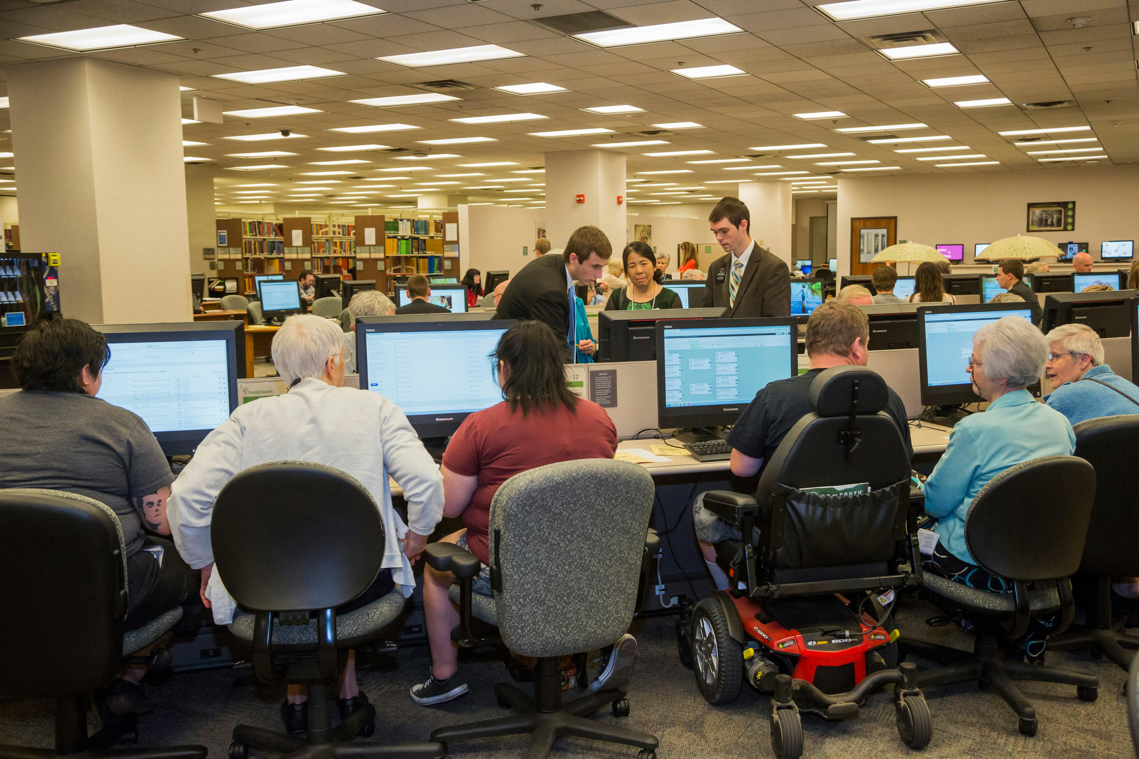 Genealogical research at the Mormon church's Family History Library.