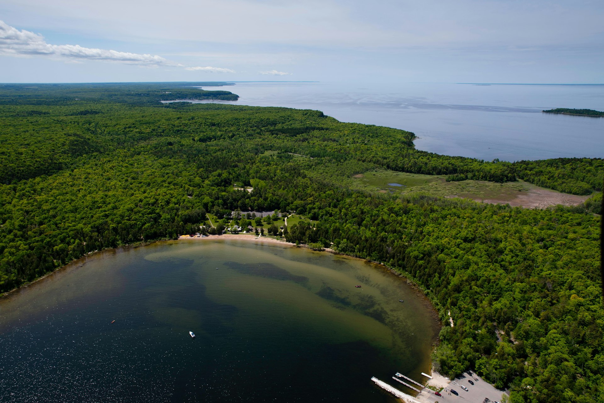 Aerial view of the Nicolet Bay beach area of Peninsula State Park, Door County Peninsula, Wisconsin, USA