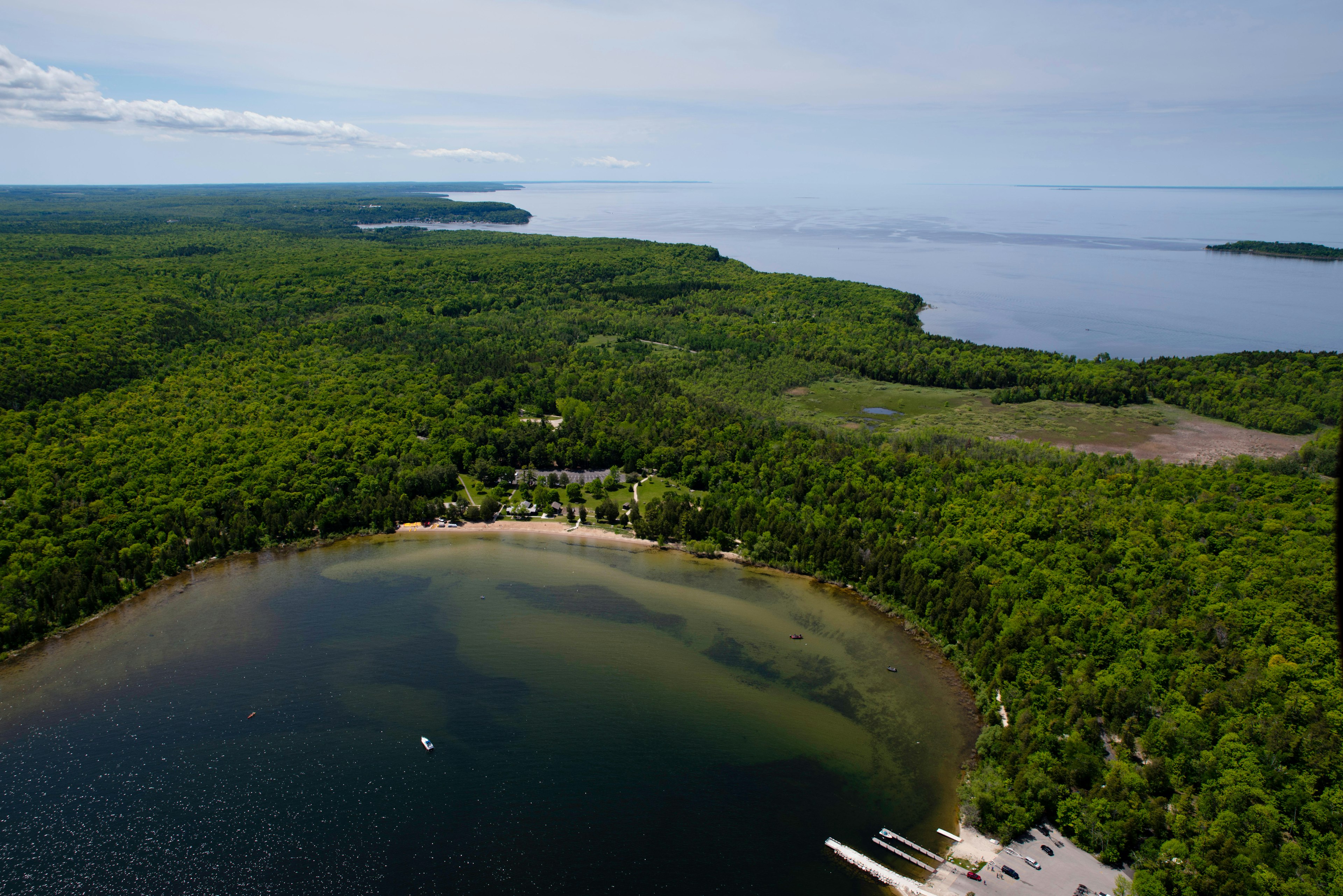 Aerial view of the Nicolet Bay beach area of Peninsula State Park, Door County Peninsula, Wisconsin, USA.