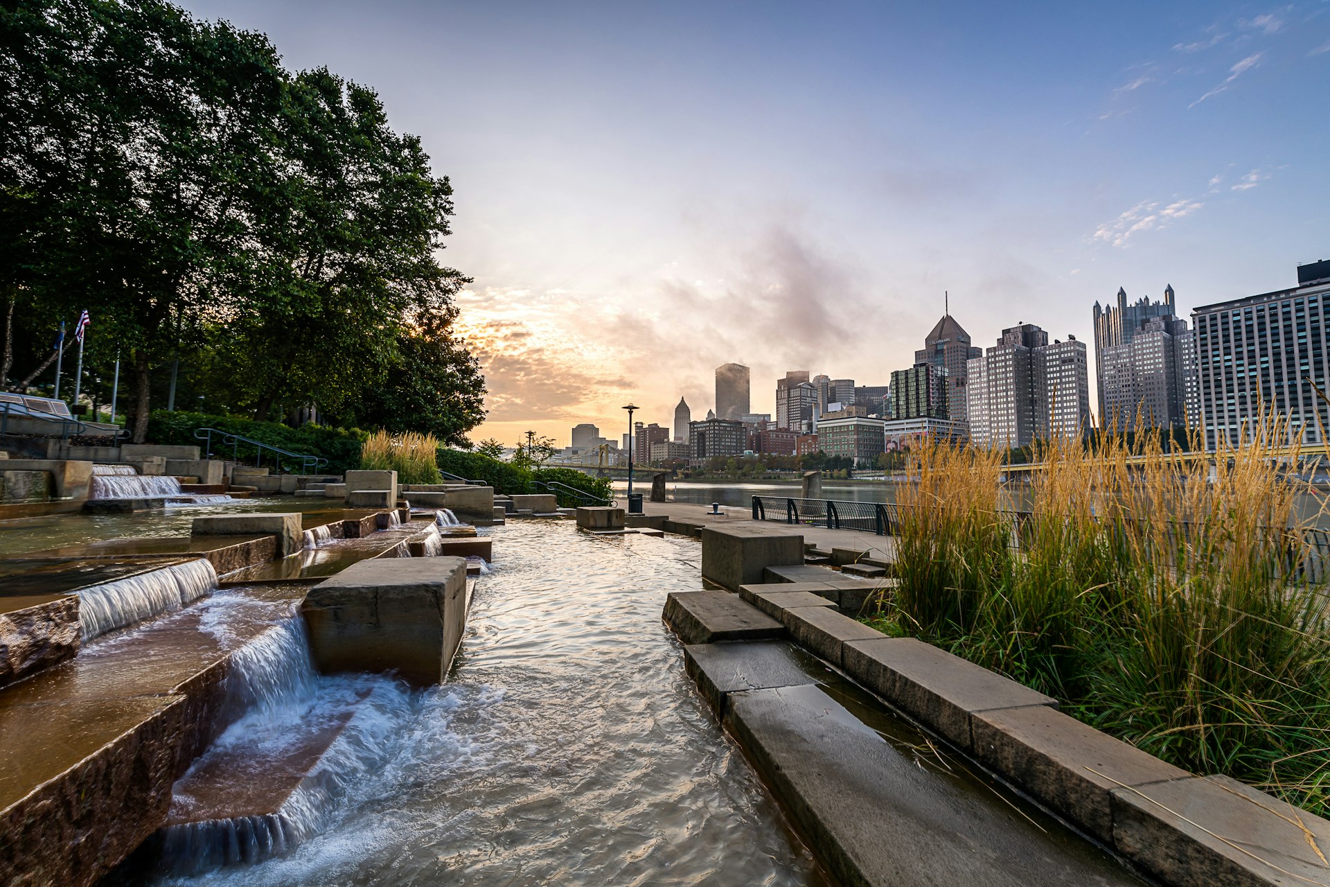 Early morning from the Allegheny Landing, an urban city park with water features build into the concrete