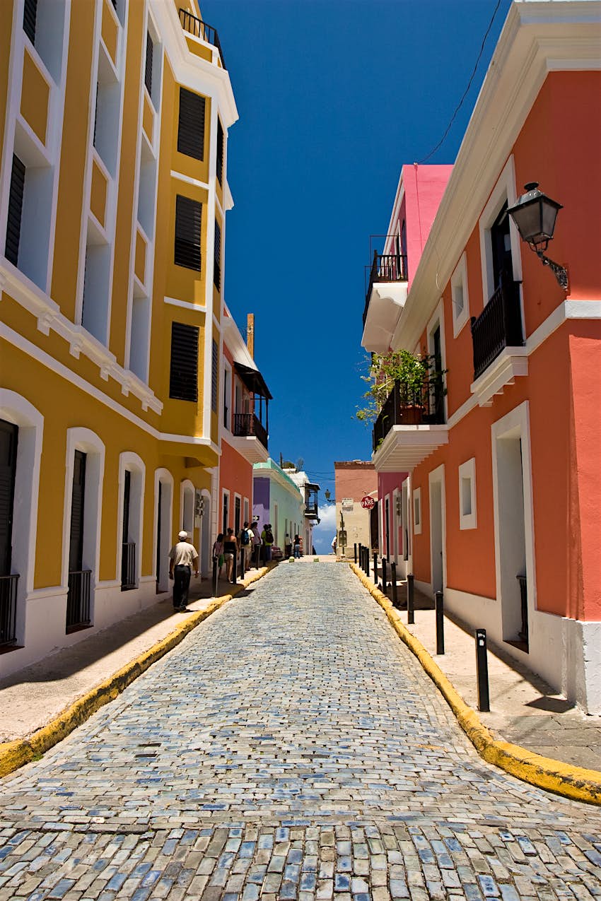 Street in Old San Juan Cobbled-stone street and colorful buildings on a street in Old San Juan.