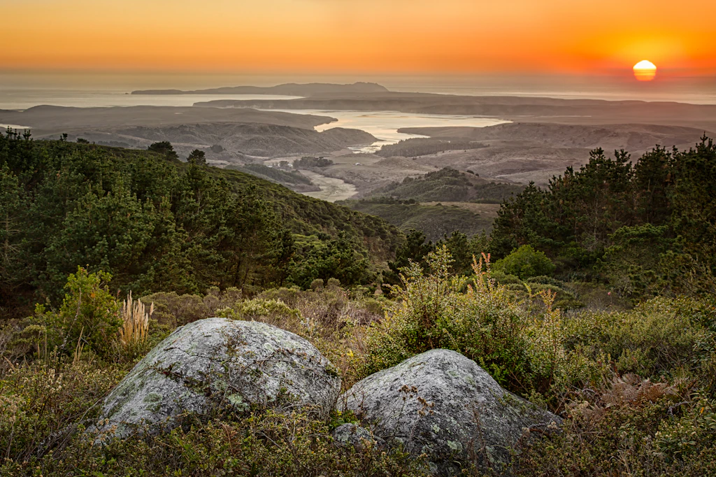 Sunset into the Pacific, rocks/ trees - foreground