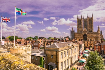 15 August, 2015: The west side of Lincoln Cathedral, the Judges Lodgings and Castle square - as seen from the top of Lincoln Castle.