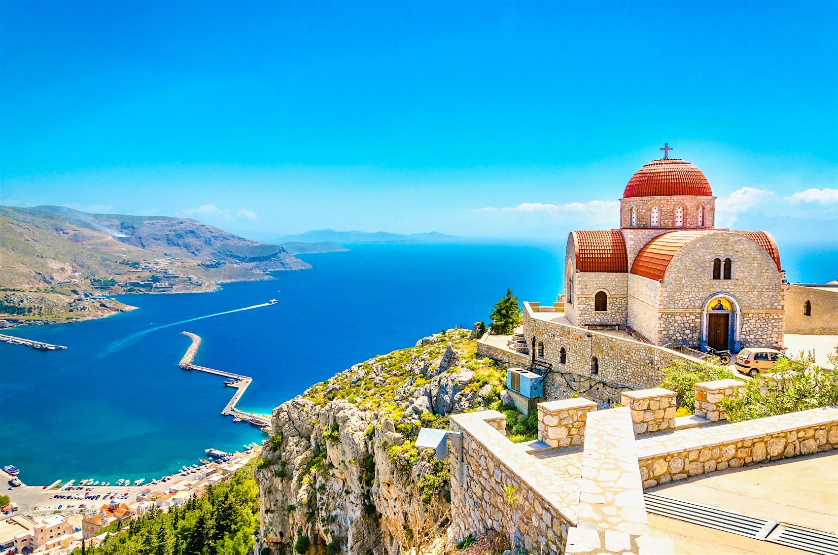 Monastery of Agios Savvas located on top of a hill in Kalymnos, Dodecanese, Greece