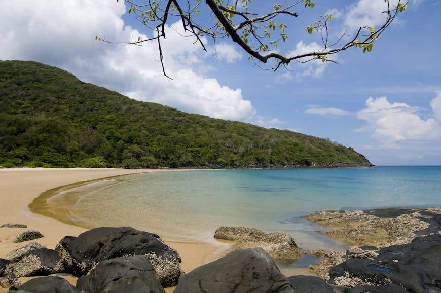 Crescent-shaped Dam Trau beach on Condao island, Vietnam. The beach has golden sand and is backed by green forest.