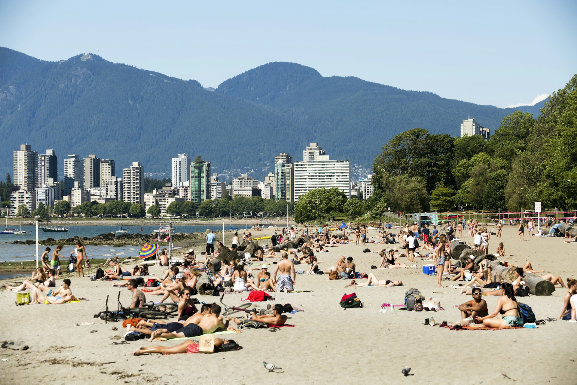 People sunbathe and chat in groups on a beach near an urban area