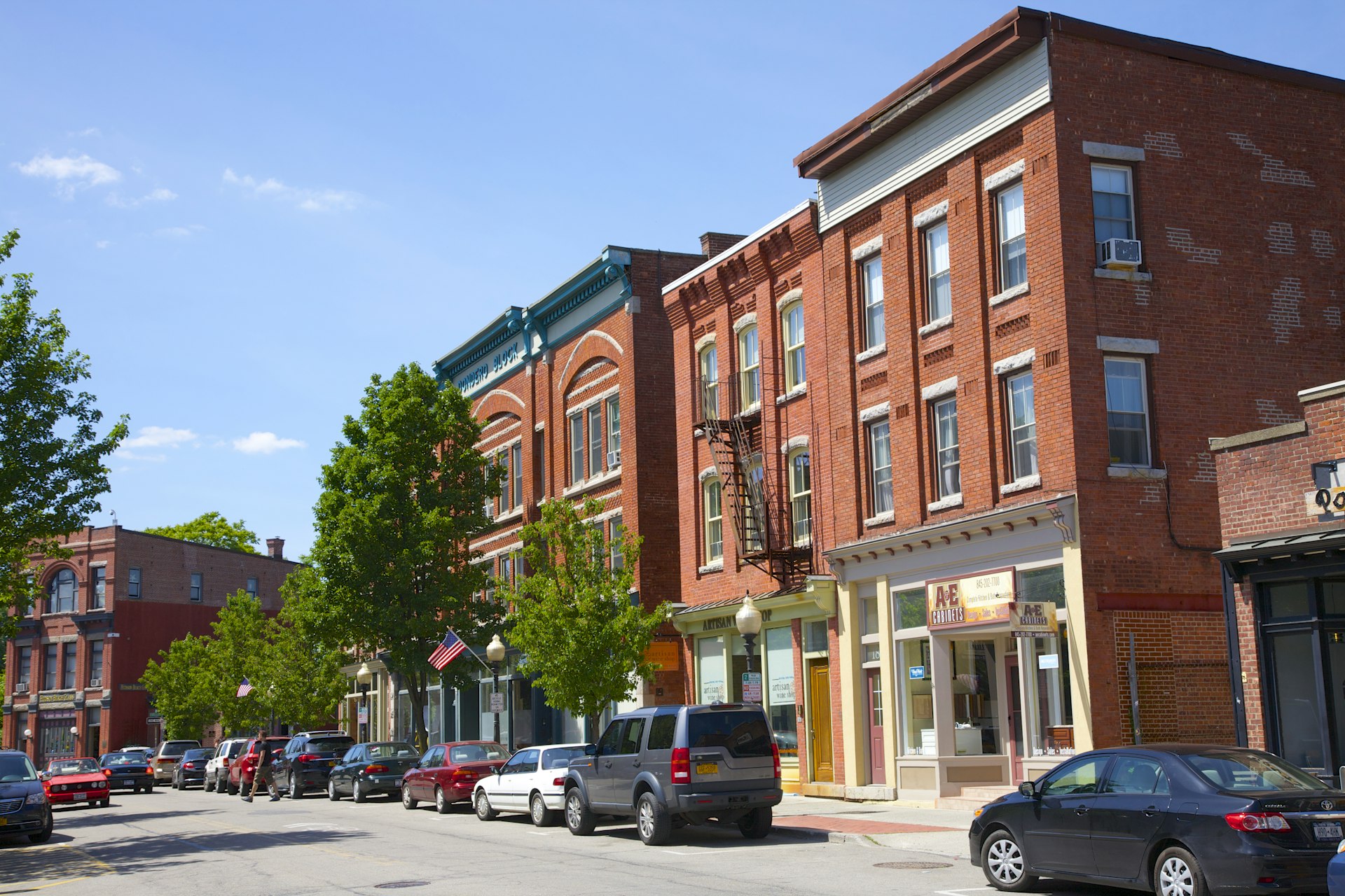 Main street with small brick buildings in Beacon, New York 
