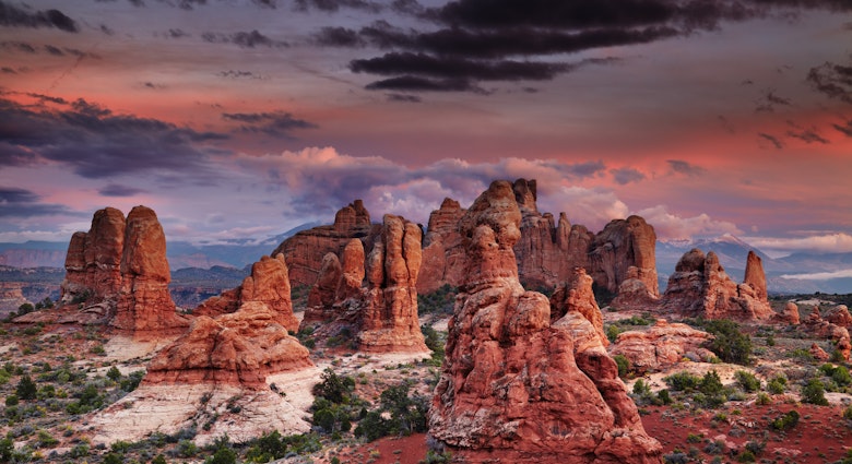 Colorful sunset in Arches National Park, Utah, USA