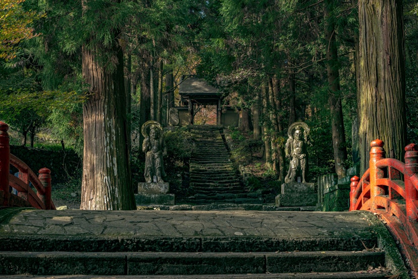 Stone Niou at the entrance to Futago-ji; Shutterstock ID 1558266038; Your name (First / Last): Ben N Buckner; GL account no.: 65050; Netsuite department name: Online Editorial; Full Product or Project name including edition: Kyushu History