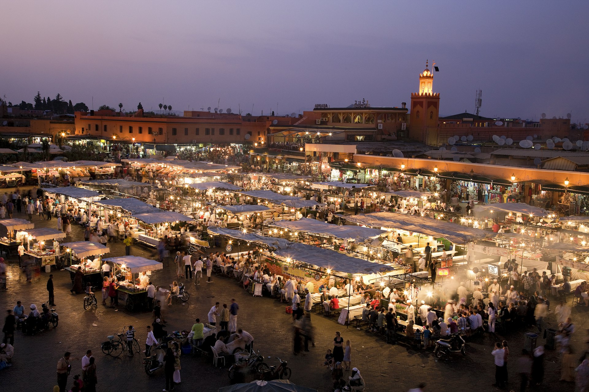 Famous Djemaa El Fna square in Marrakesh, Morocco, at dusk