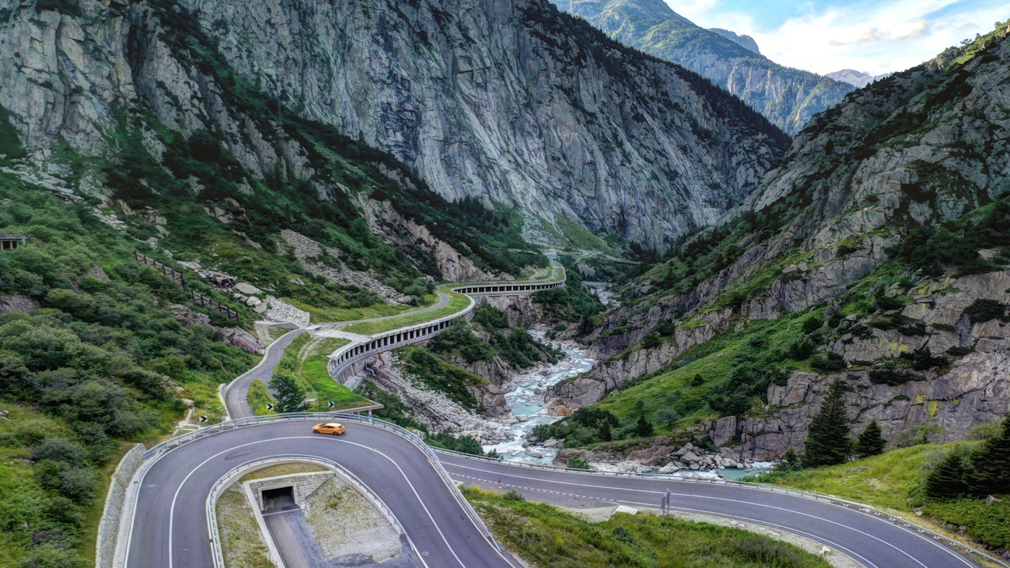 Switzerland, Uri - July, 2020: Hairpin bends in the Schoellenen gorges in the swiss alps