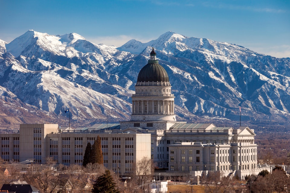 Utah State Capitol Building and the mountains of the Wasatch Range beyond, Salt Lake City, Utah, USA