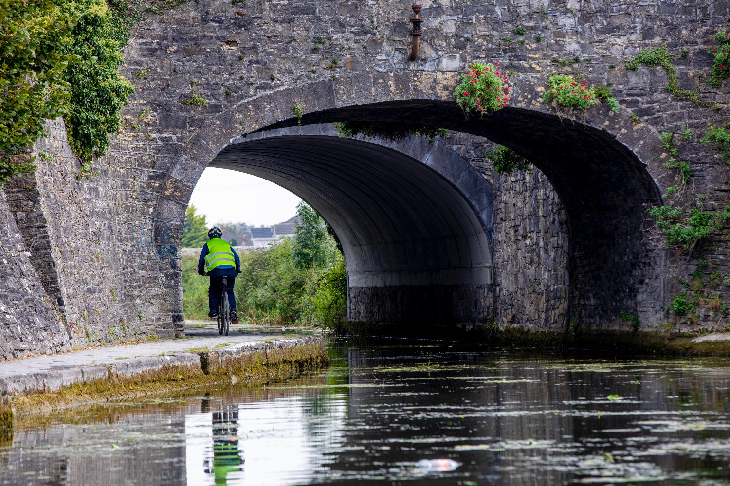 A cyclist going under Harbour Mullen Bridge along the Royal Canal Greenway