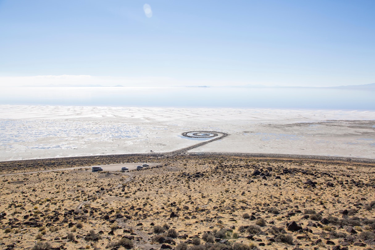 TTRHT1 Aerial view of Spiral Jetty against blue sky during sunny day
