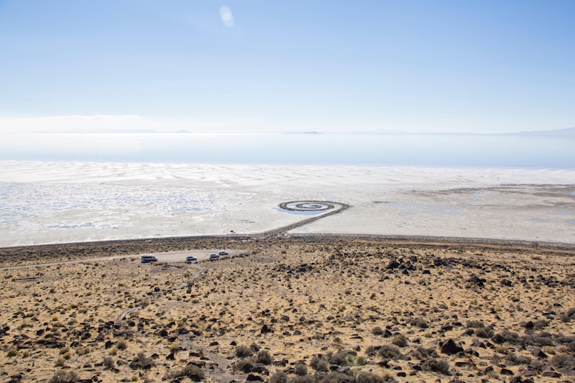 TTRHT1 Aerial view of Spiral Jetty against blue sky during sunny day