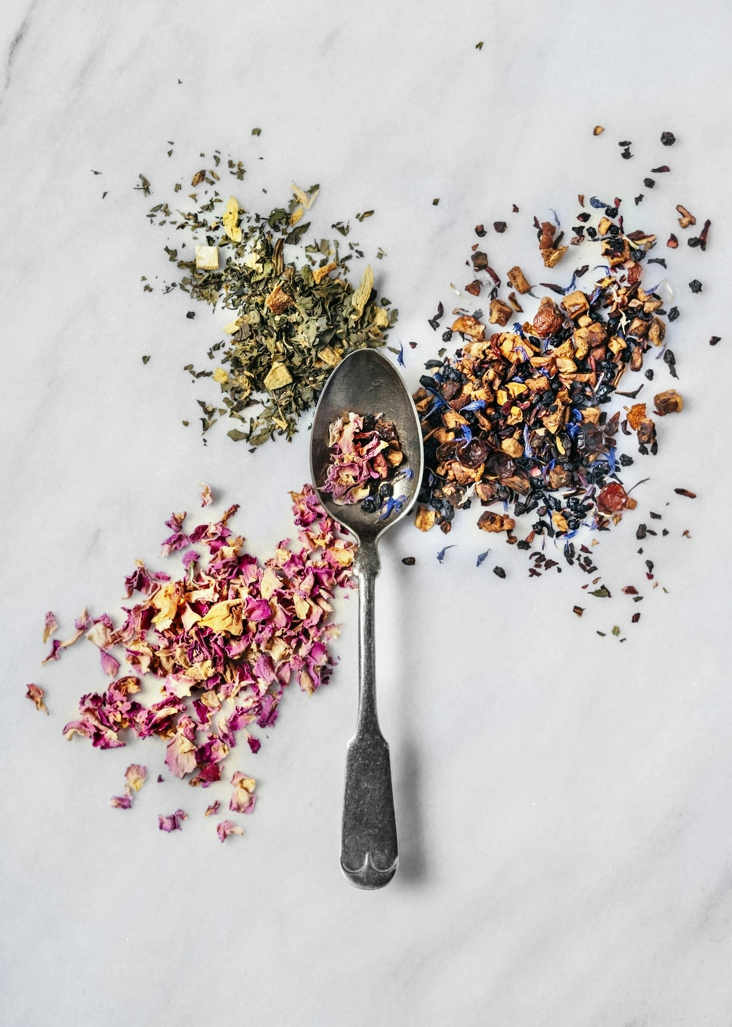 Various tea leaves on white background