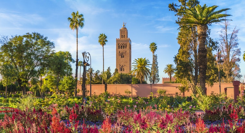 View of Koutoubia Mosque and gardem in Marrakesh, Morocco