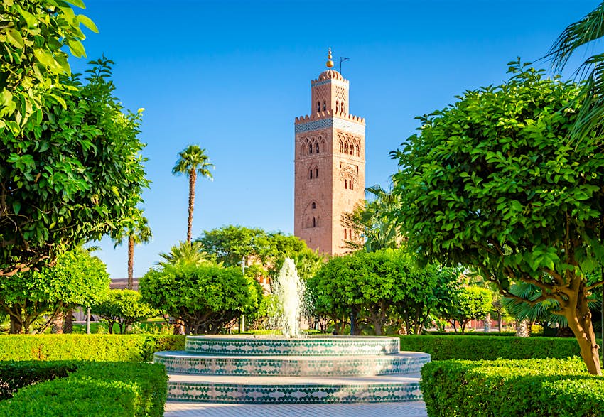Fountain of Koutoubia Gardens with the Koutoubia Mosque minaret in the background