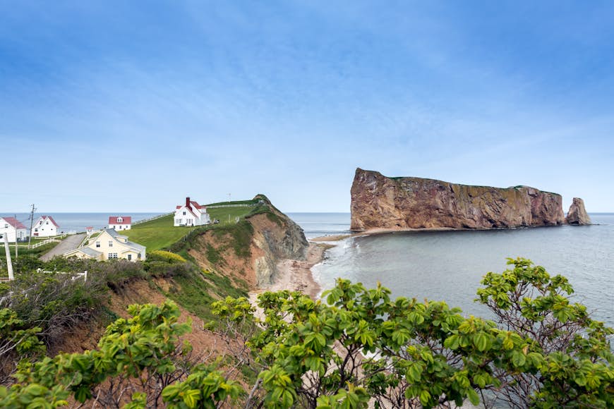 Rocher Perce, a sheer rock formation at the tip of the Gaspe Peninsula in Quebec, Canada