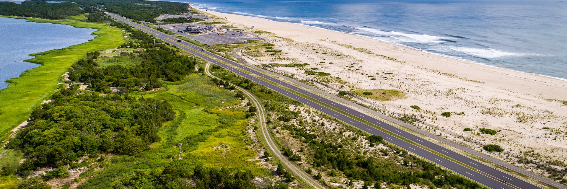 Aerial of Sandy Hook beach.