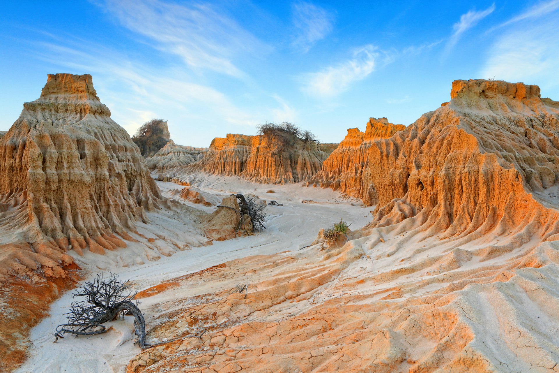 Golden rock formations stick up from the desert like towers, their sides scarred by old paths of water at Lake Mungo, Australia.