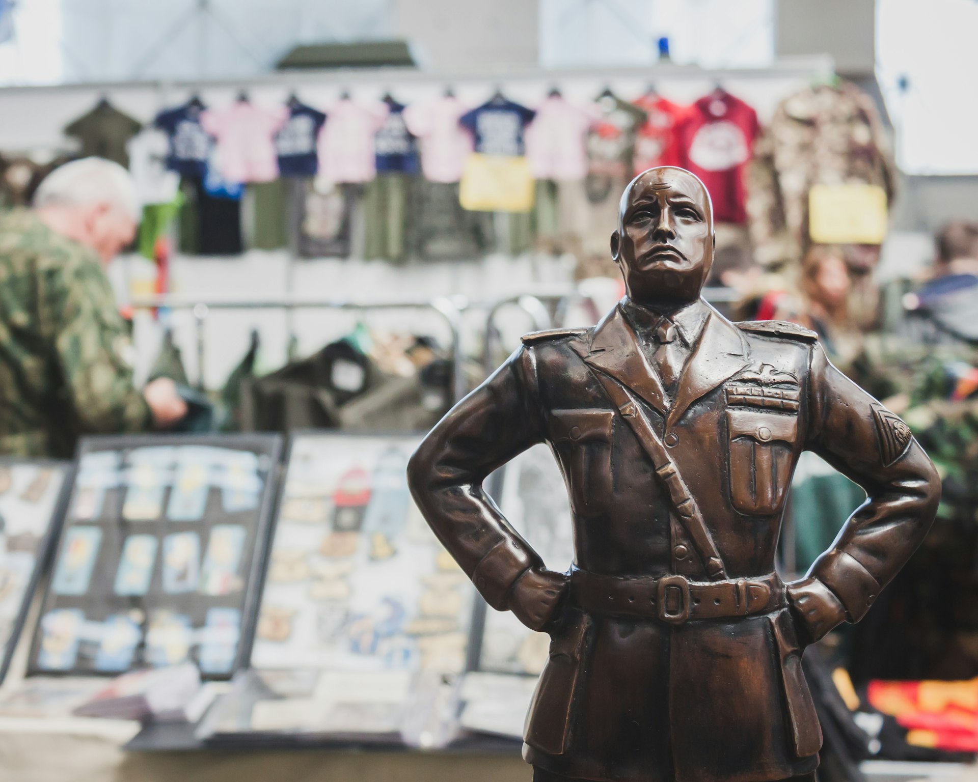 A statue of Mussolini is on display