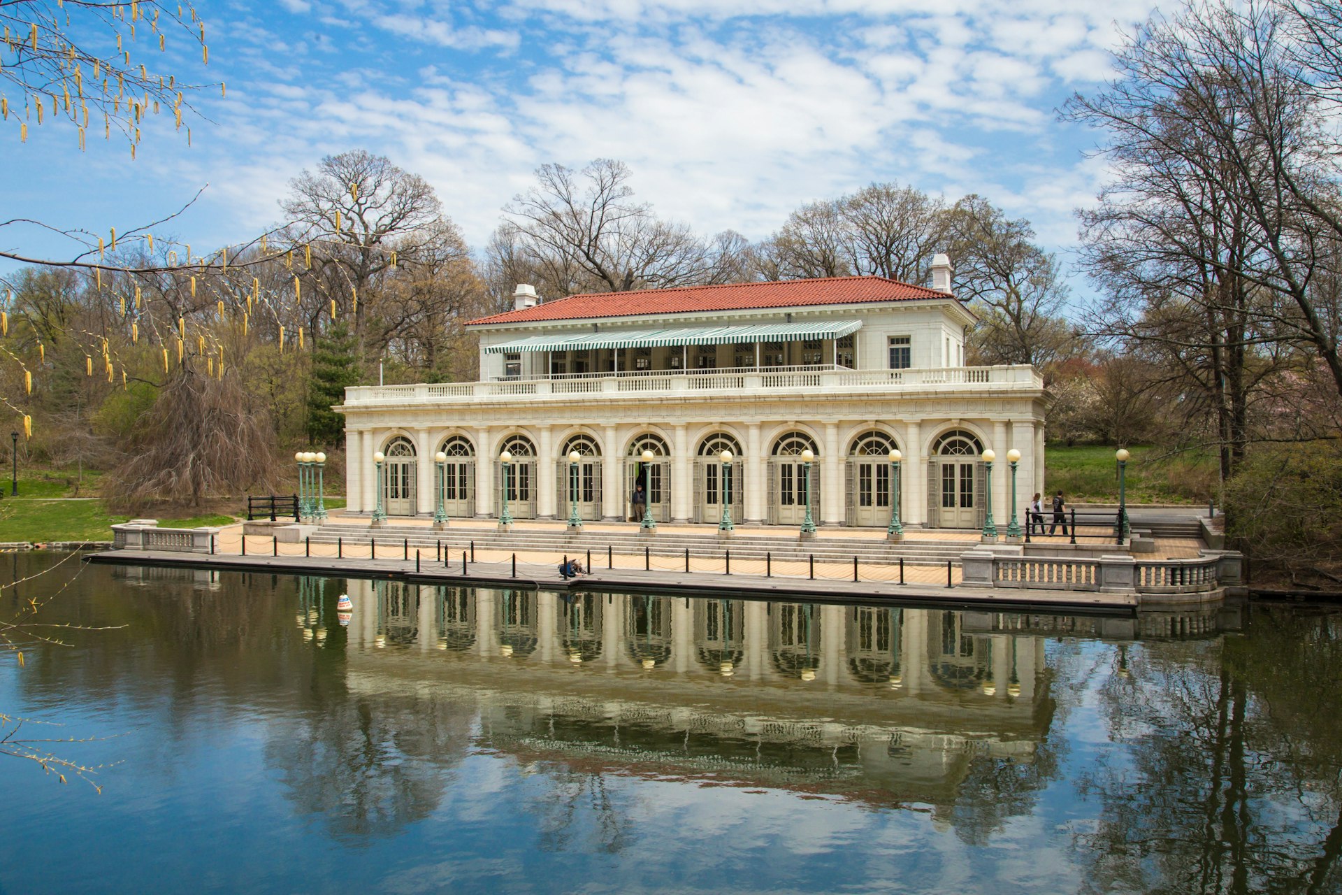 Historic Boathouse on lake at Prospect Park in Brooklyn, NYC. This landmark boathouse was built in 1905