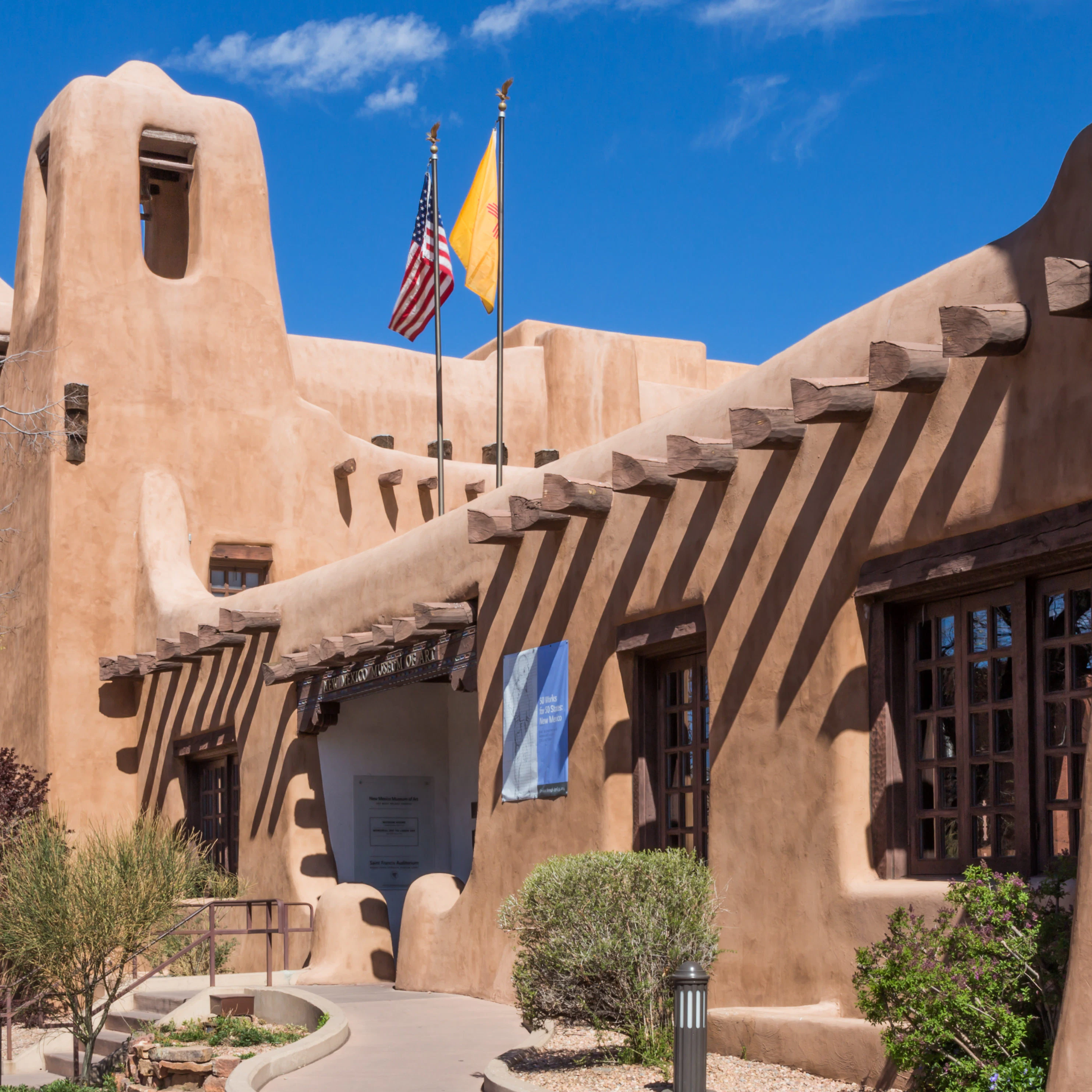 SANTA FE, NEW MEXICO, USA, April, 4, 2014: Exterior view of the New Mexico Museum of Art, downtown, Santa Fe, New Mexico