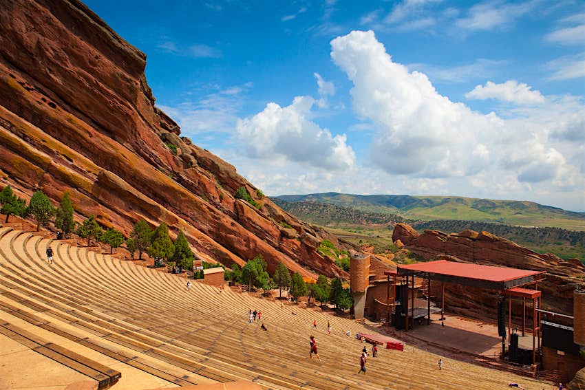 Red Rocks Amphitheatre is a spectacular performing arts venue built into a natural structure in Morrison, Colorado Looking down toward the stage at Red Rocks Amphitheatre, Colorado