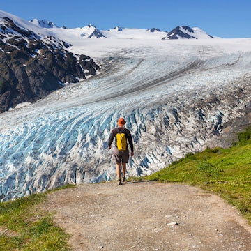 Hiker in Exit Glacier, Kenai Fjords National Park, Seward, Alaska