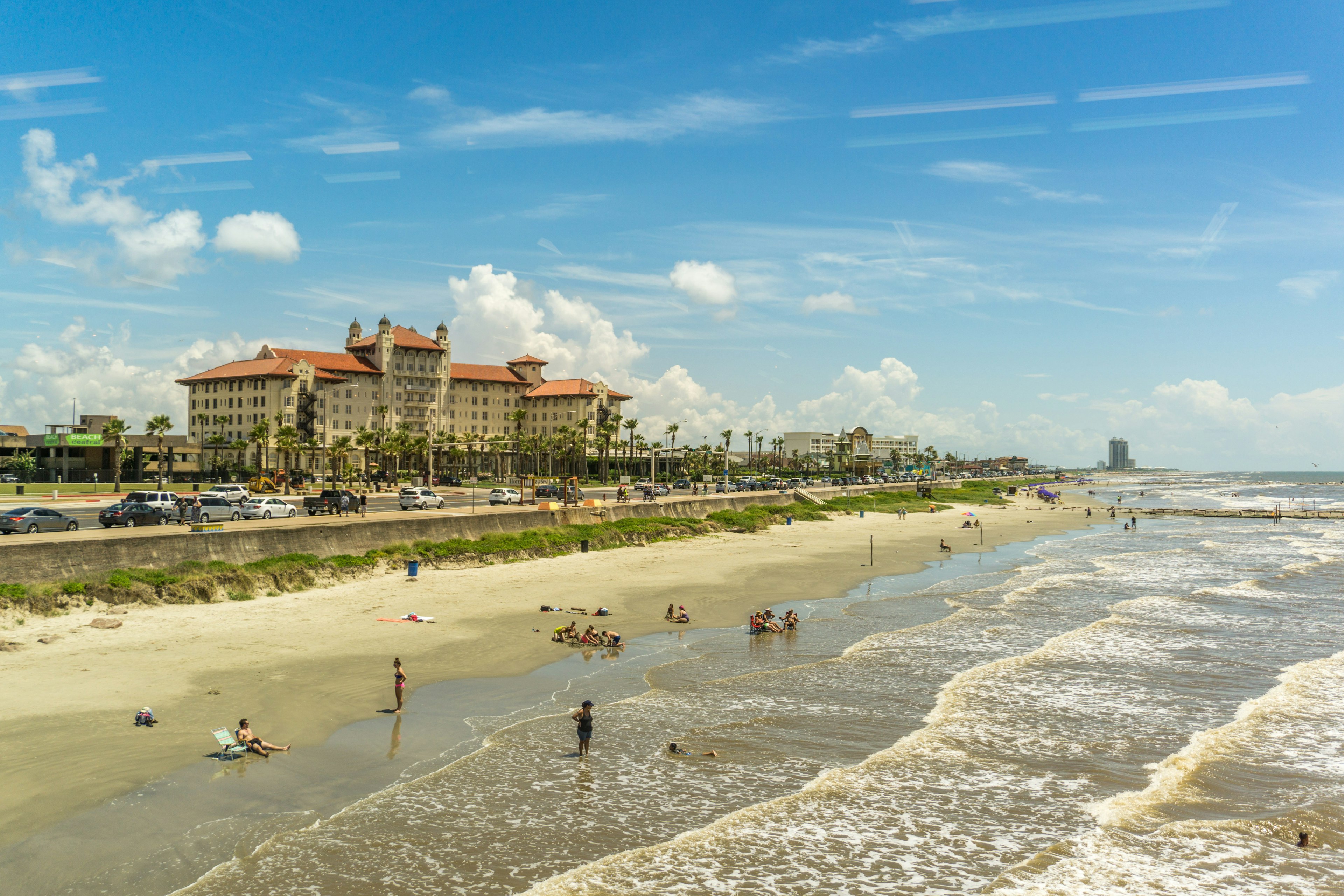 People sunning on Galveston Beach in Texas