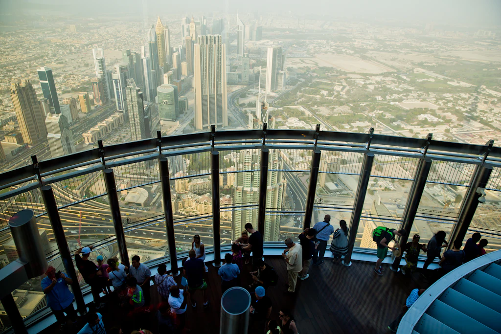 Observation deck at Burj Khalifa in Dubai, United Arab Emirates People on the observation deck at Burj Khalifa in Dubai, United Arab Emirates