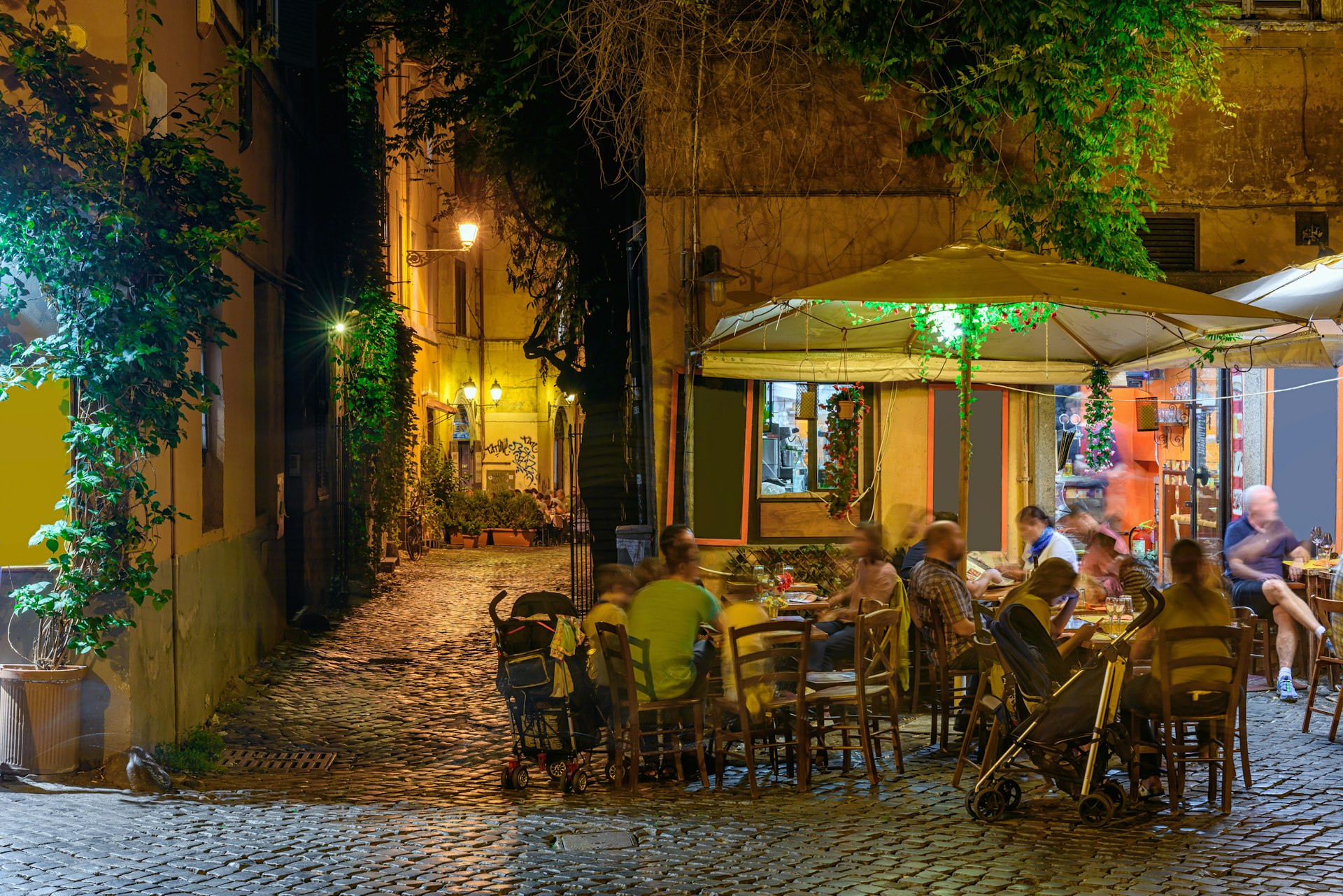 Night view of old street in Night view of old street in Trastevere in Rome