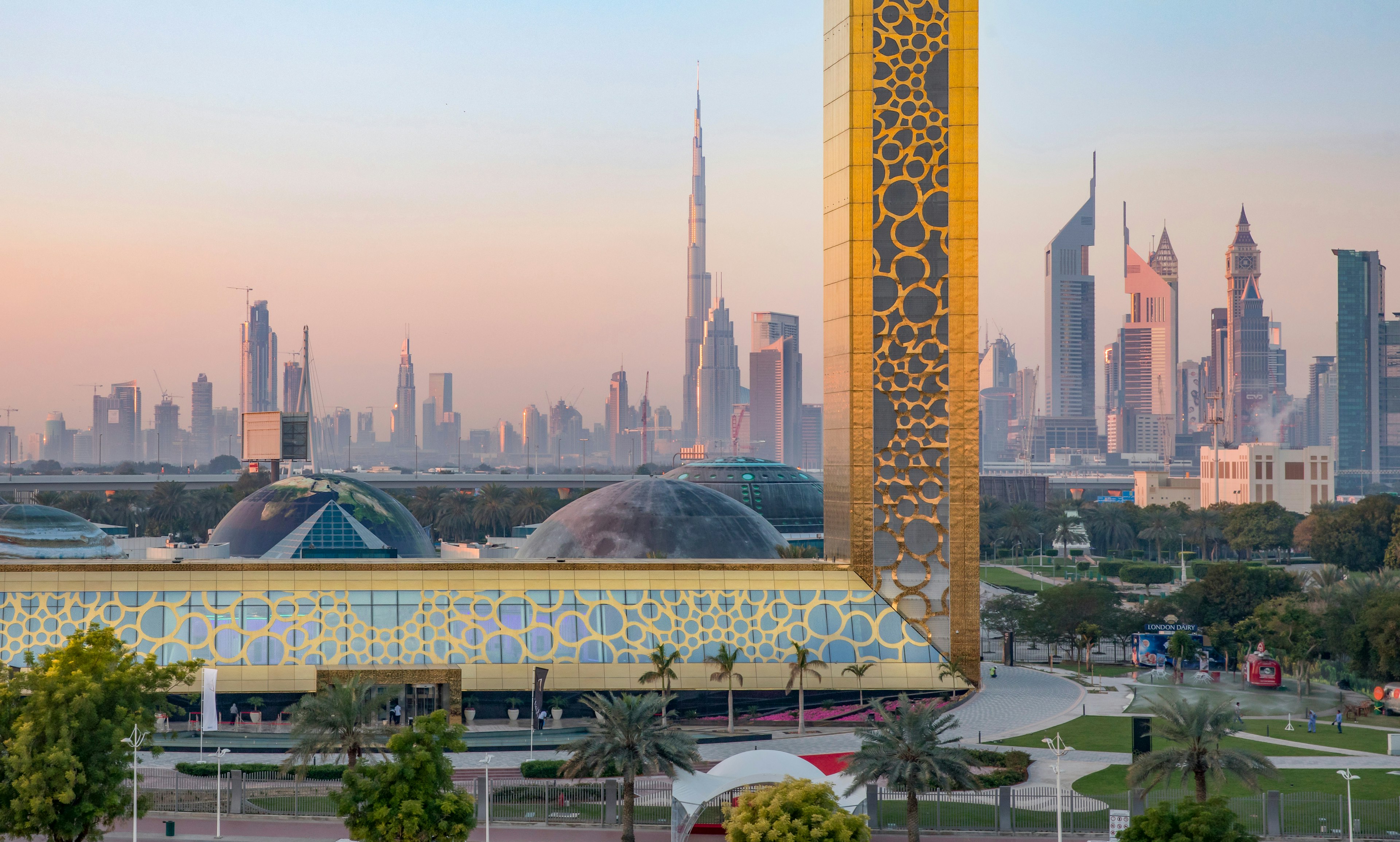 Dubai Frame in Zabeel Park with the skyline of Dubai in the background