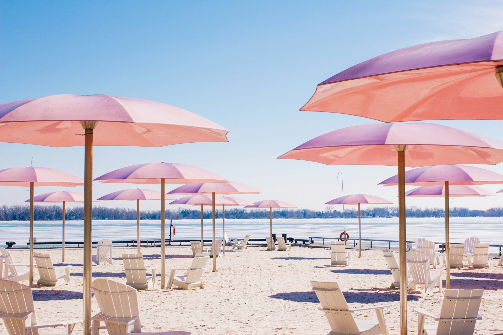 Beach umbrellas on Toronto's Sugar Beach, a favorite family stop downtown