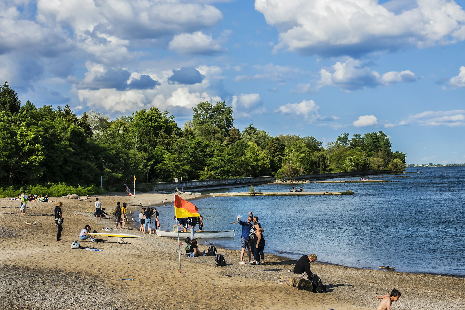 Beachgoers on a crescent-shaped beach with trees in theb ackground