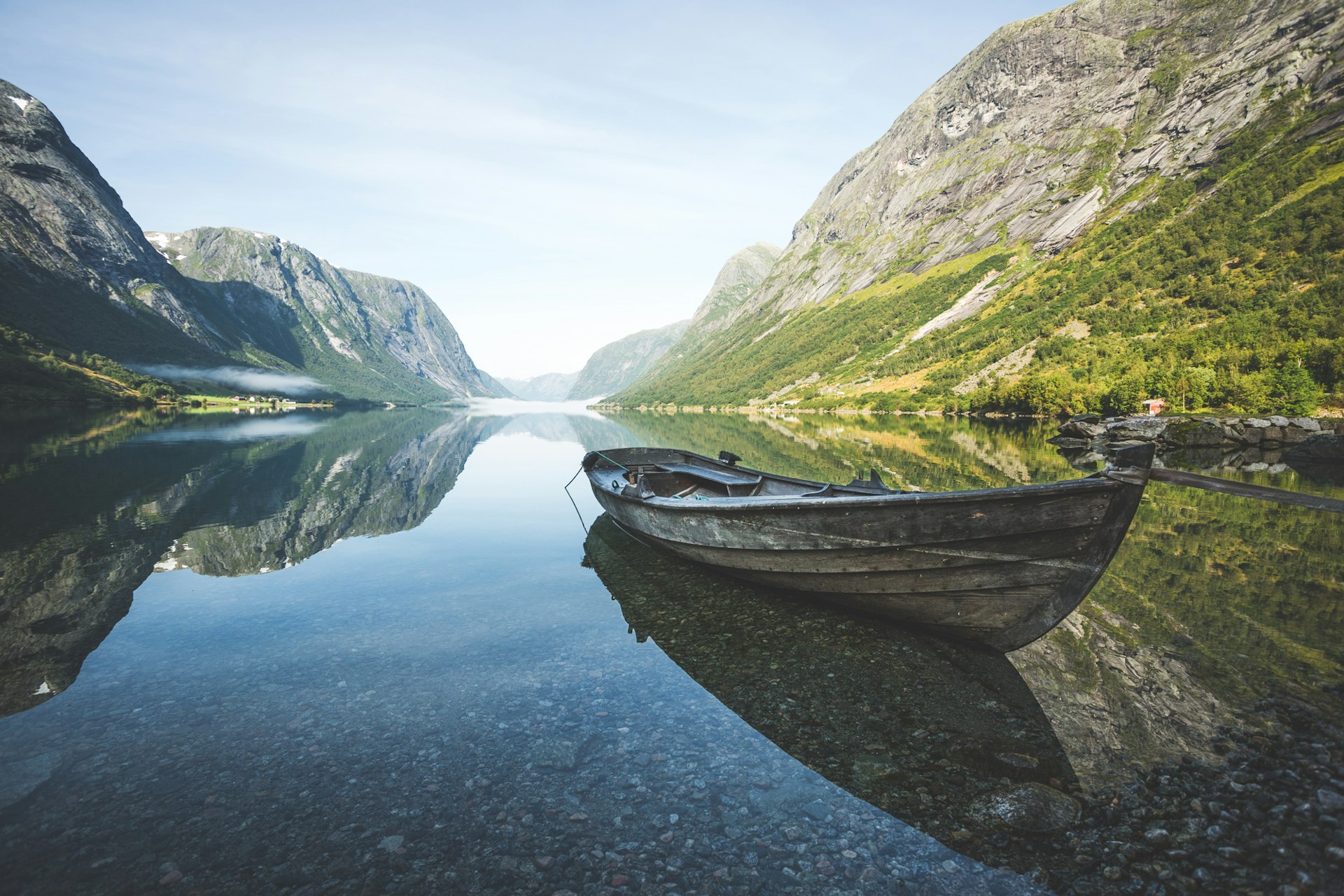 Wooden boat at a fjord in Norway