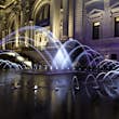 Illuminated fountain at entrance to Metropolitan Museum of Art, New York City, New York State, USA