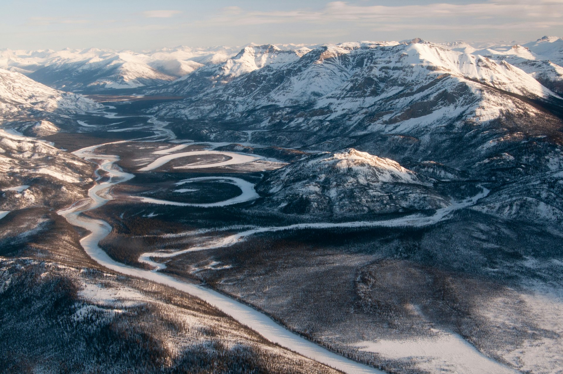 Morning aerial view of the Alatna River in Gates of the Arctic National Park & Preserve, Arctic Alaska, Winter